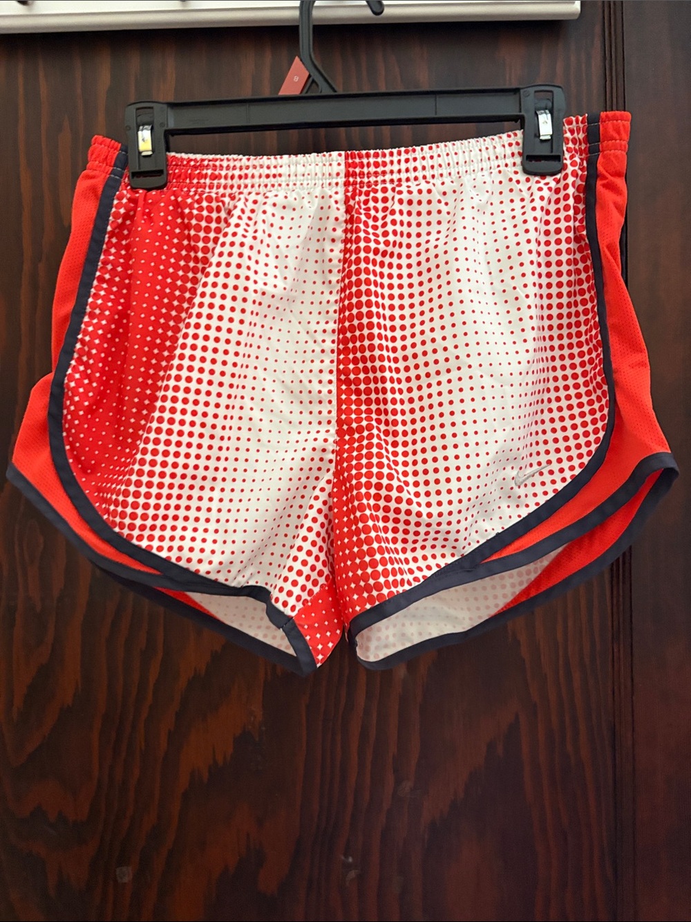 Nike Women’s Red and White Dot Athletic Shorts with Navy Trim